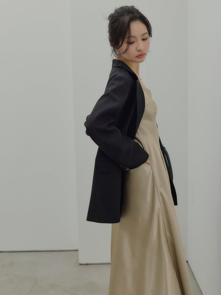 【Essential】Back open satin camisole dress