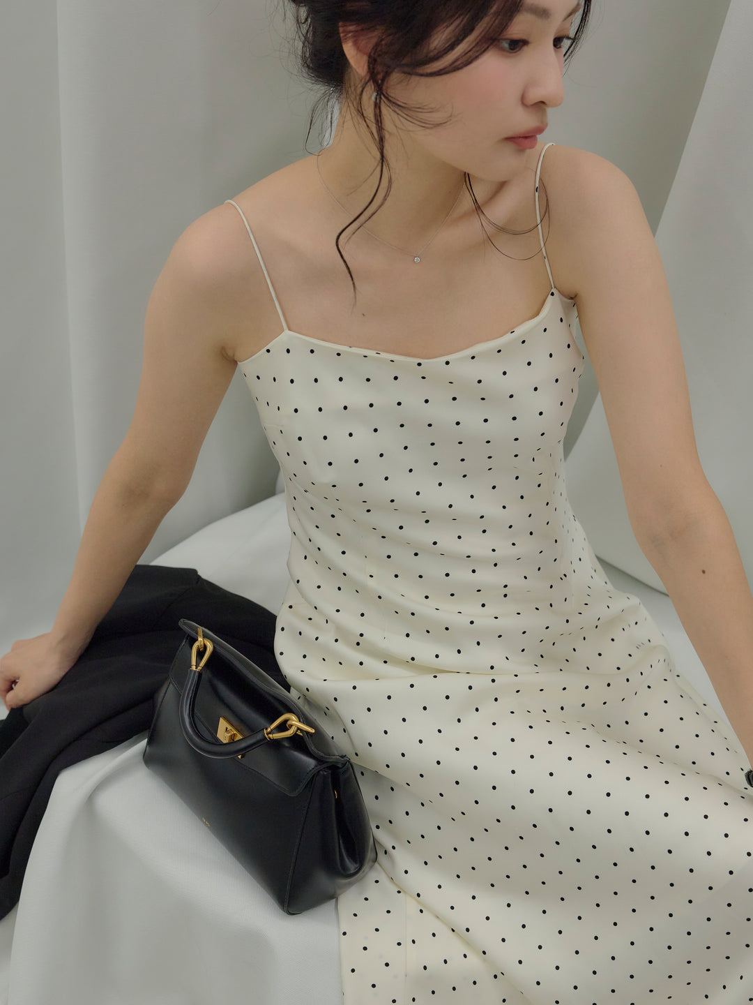 【SET】【Essential】Back open satin camisole dress+【Essential】Wrap design satin mermaid skirt(2set)