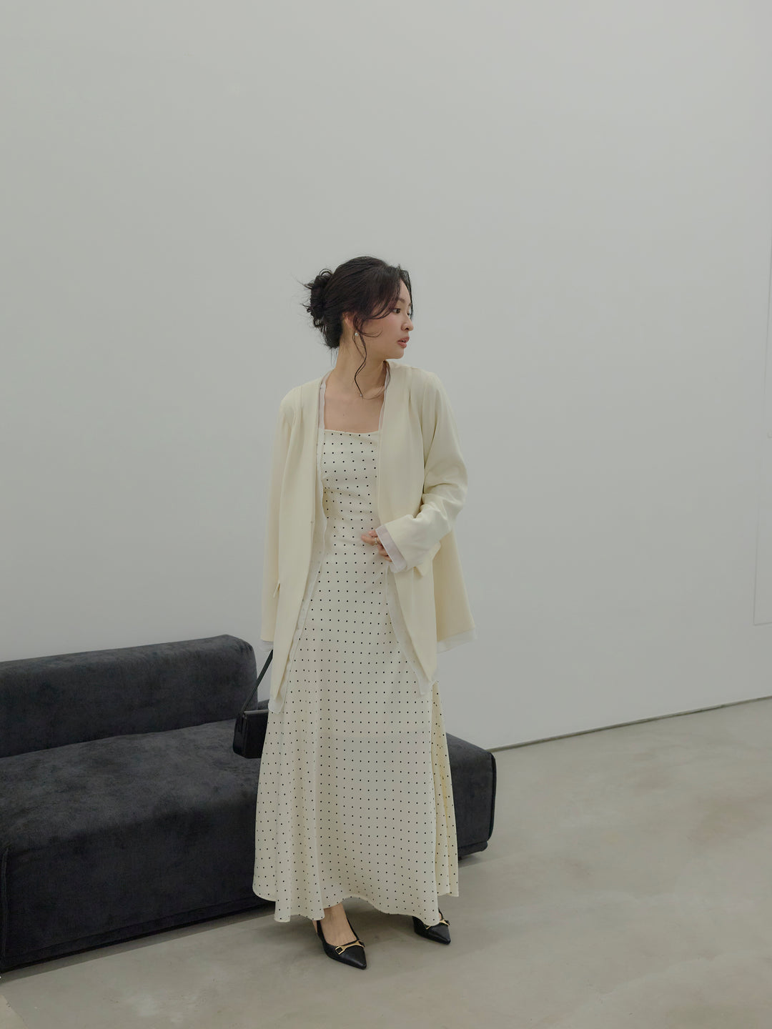 【SET】【Essential】Tulle layered over jacket+【Essential】Back open satin camisole dress(2set)