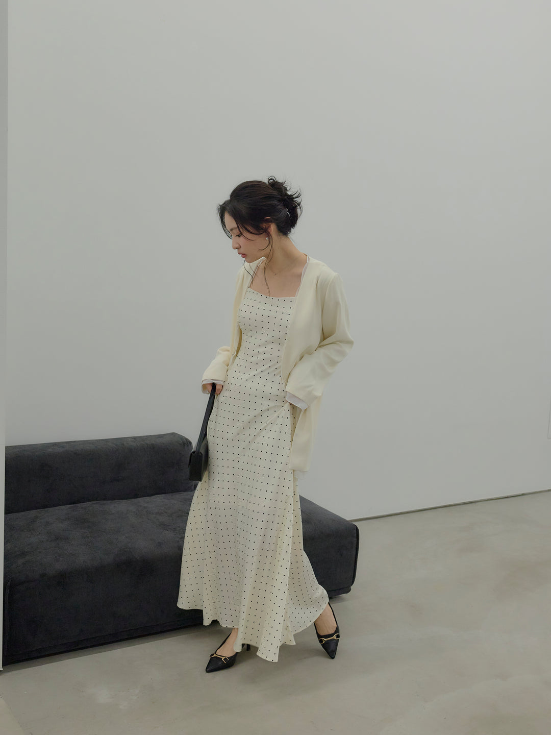 【SET】【Essential】Tulle layered over jacket+【Essential】Back open satin camisole dress(2set)