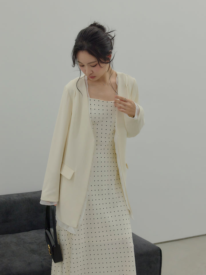 【SET】【Essential】Tulle layered over jacket+【Essential】Back open satin camisole dress(2set)