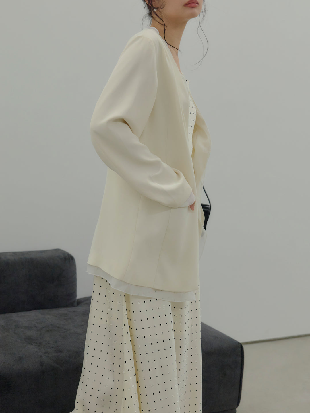 【SET】【Essential】Tulle layered over jacket+【Essential】Back open satin camisole dress(2set)
