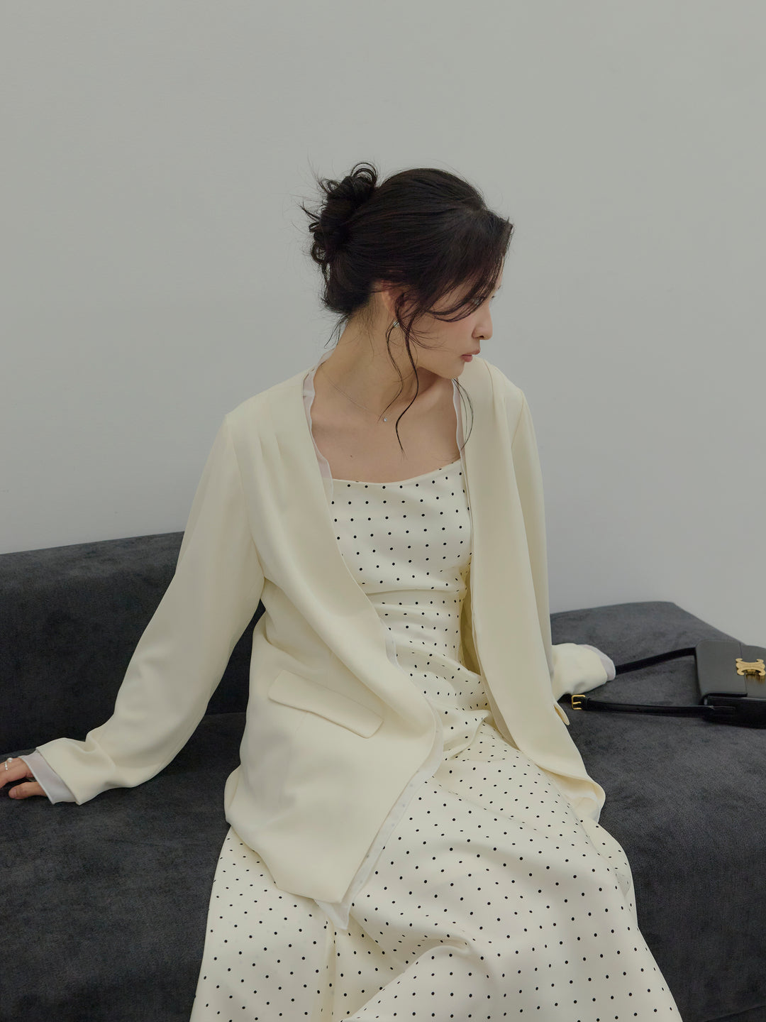 【Essential】Back open satin camisole dress