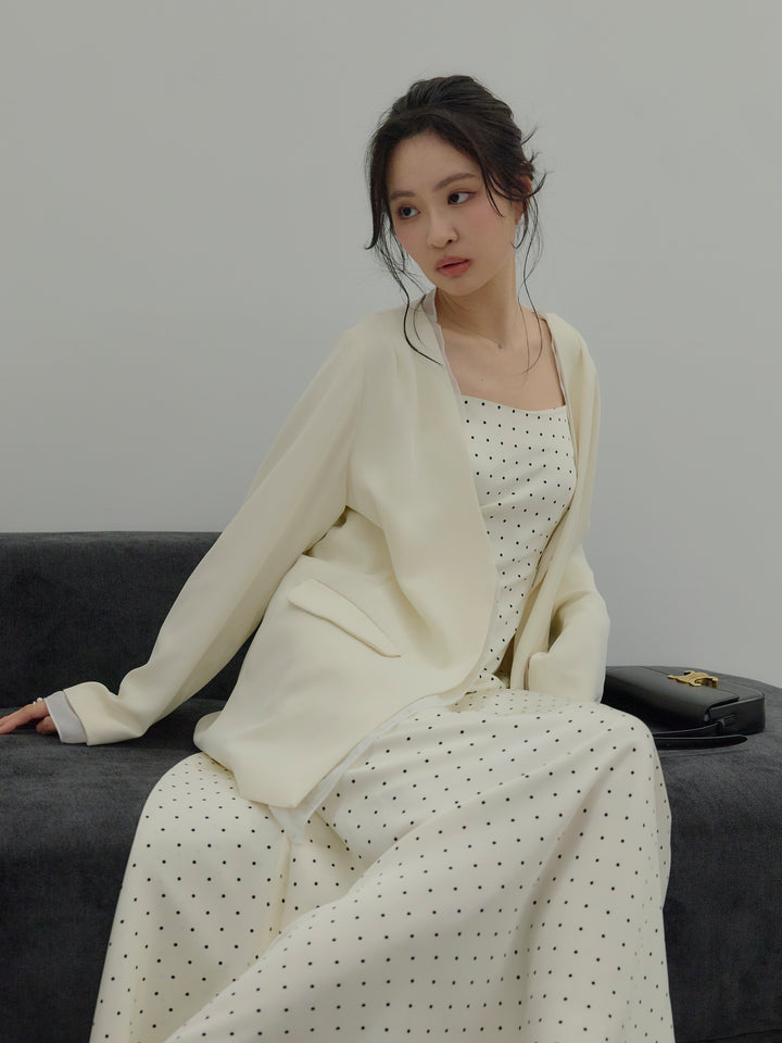 【SET】【Essential】Tulle layered over jacket+【Essential】Back open satin camisole dress(2set)