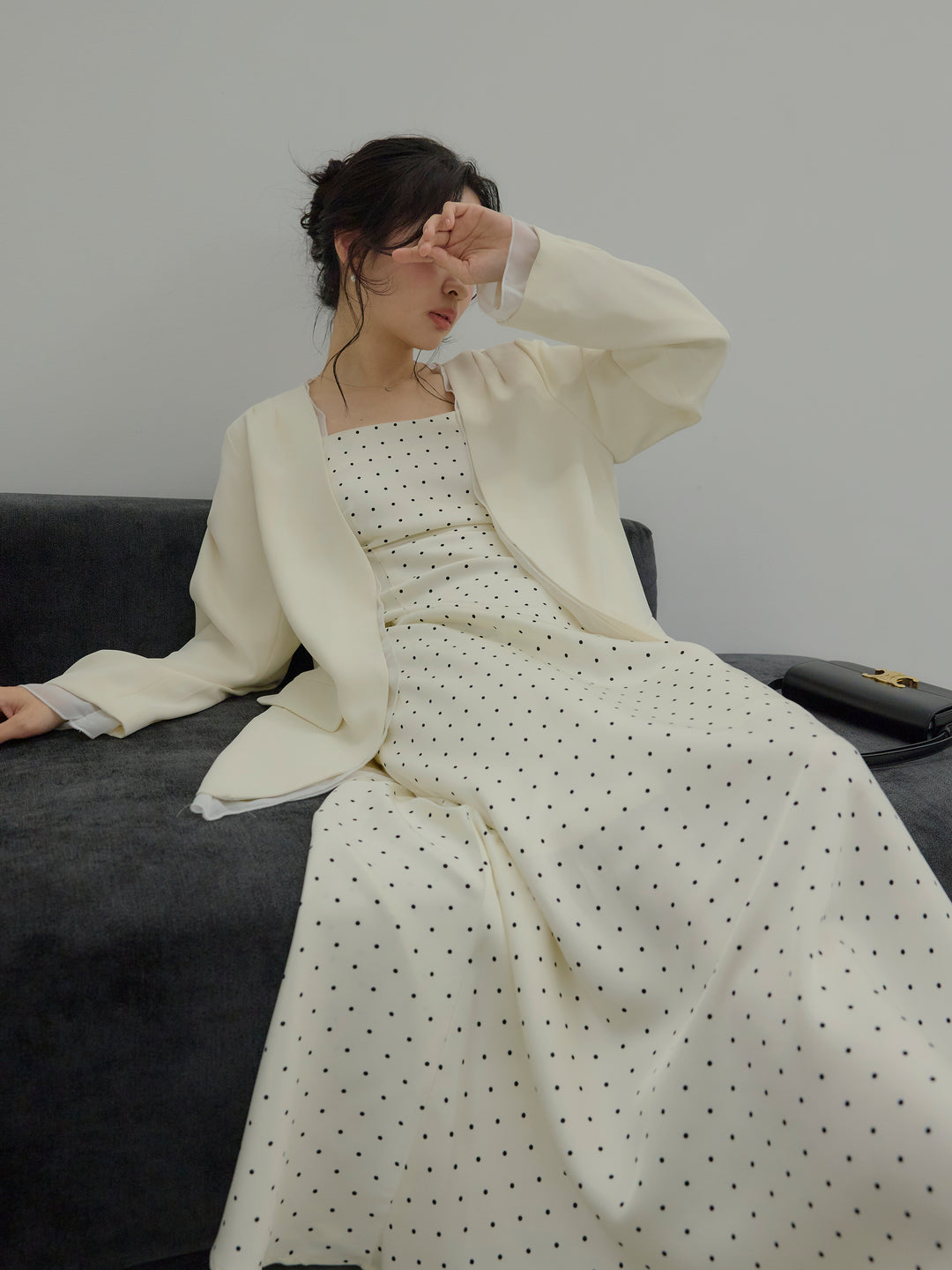 【Essential】Back open satin camisole dress