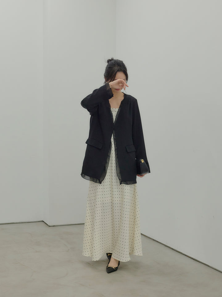 【SET】【Essential】Tulle layered over jacket+【Essential】Back open satin camisole dress(2set)