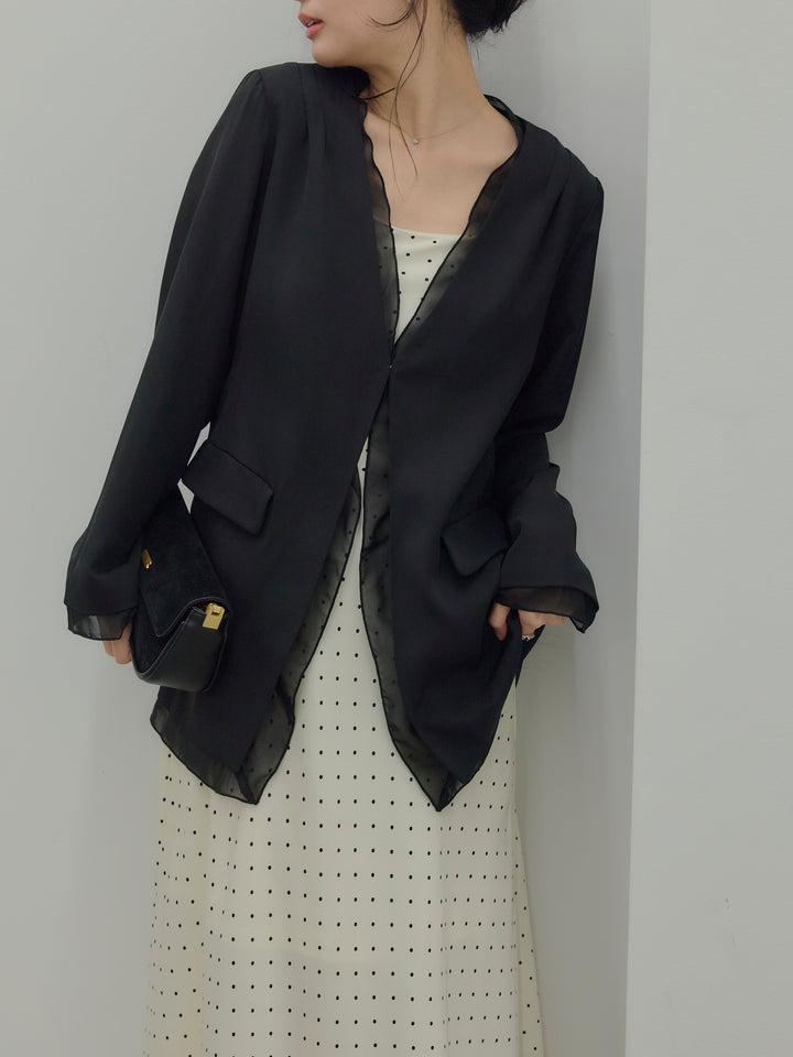 【SET】【Essential】Tulle layered over jacket+【Essential】Back open satin camisole dress(2set)