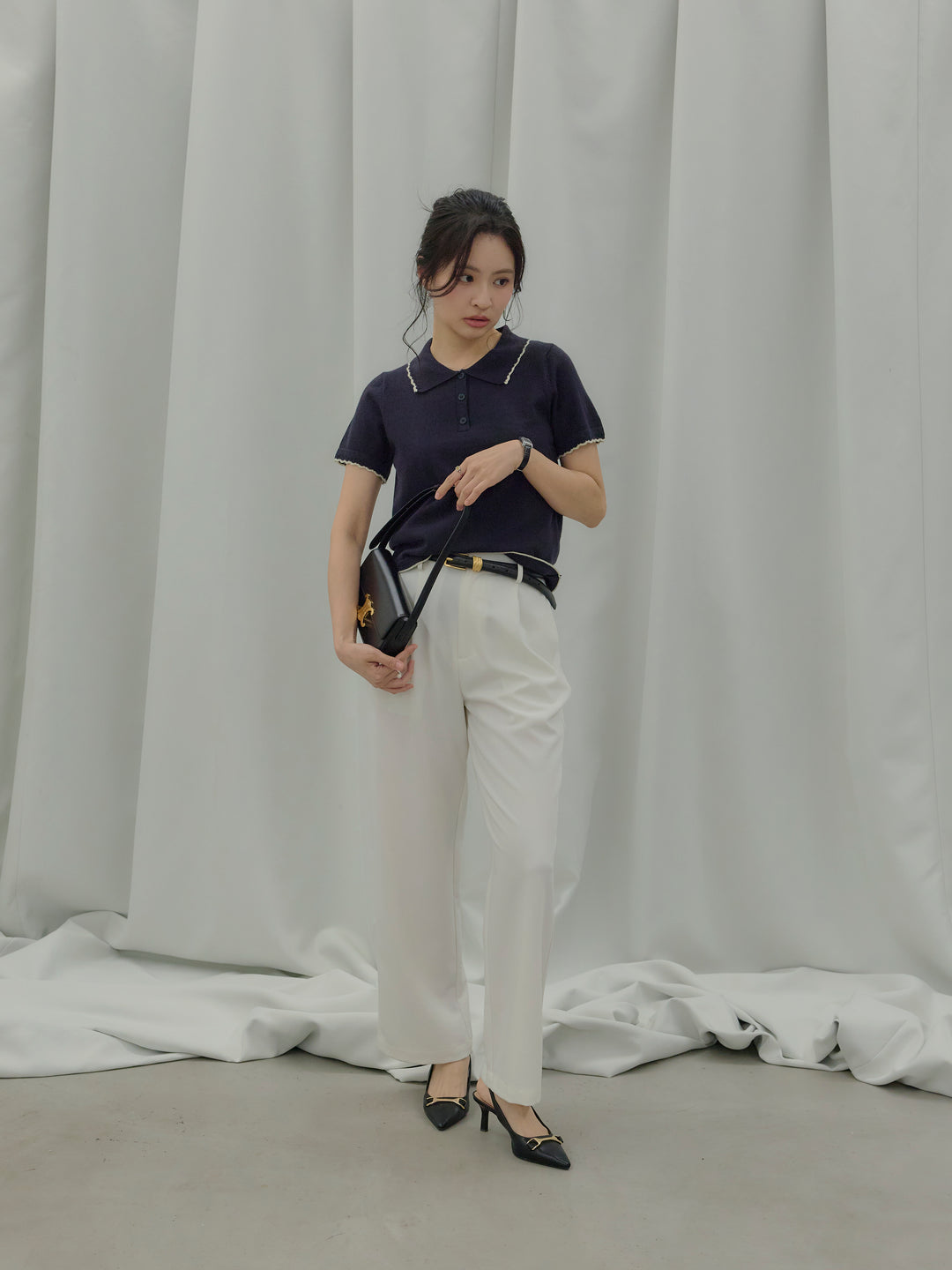 【SET】配色ポロハーフニットトップス+【Essential】Authentic straight pants(2set)