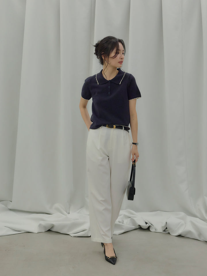 【SET】配色ポロハーフニットトップス+【Essential】Authentic straight pants(2set)