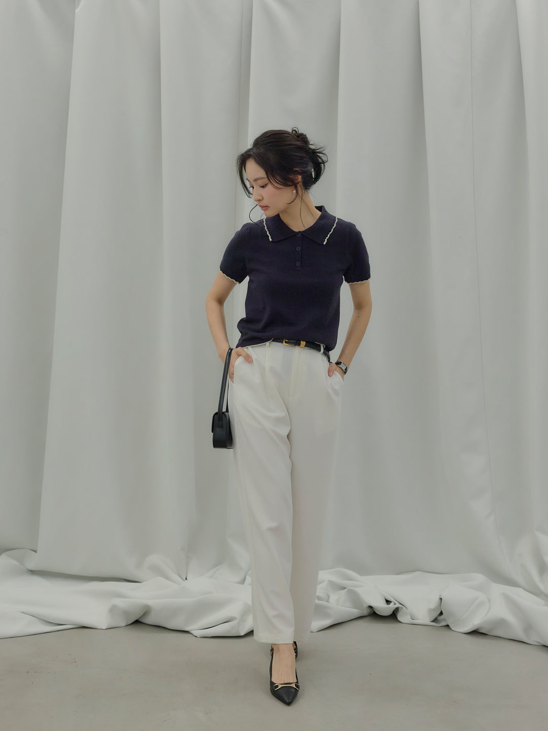 【SET】配色ポロハーフニットトップス+【Essential】Authentic straight pants(2set)