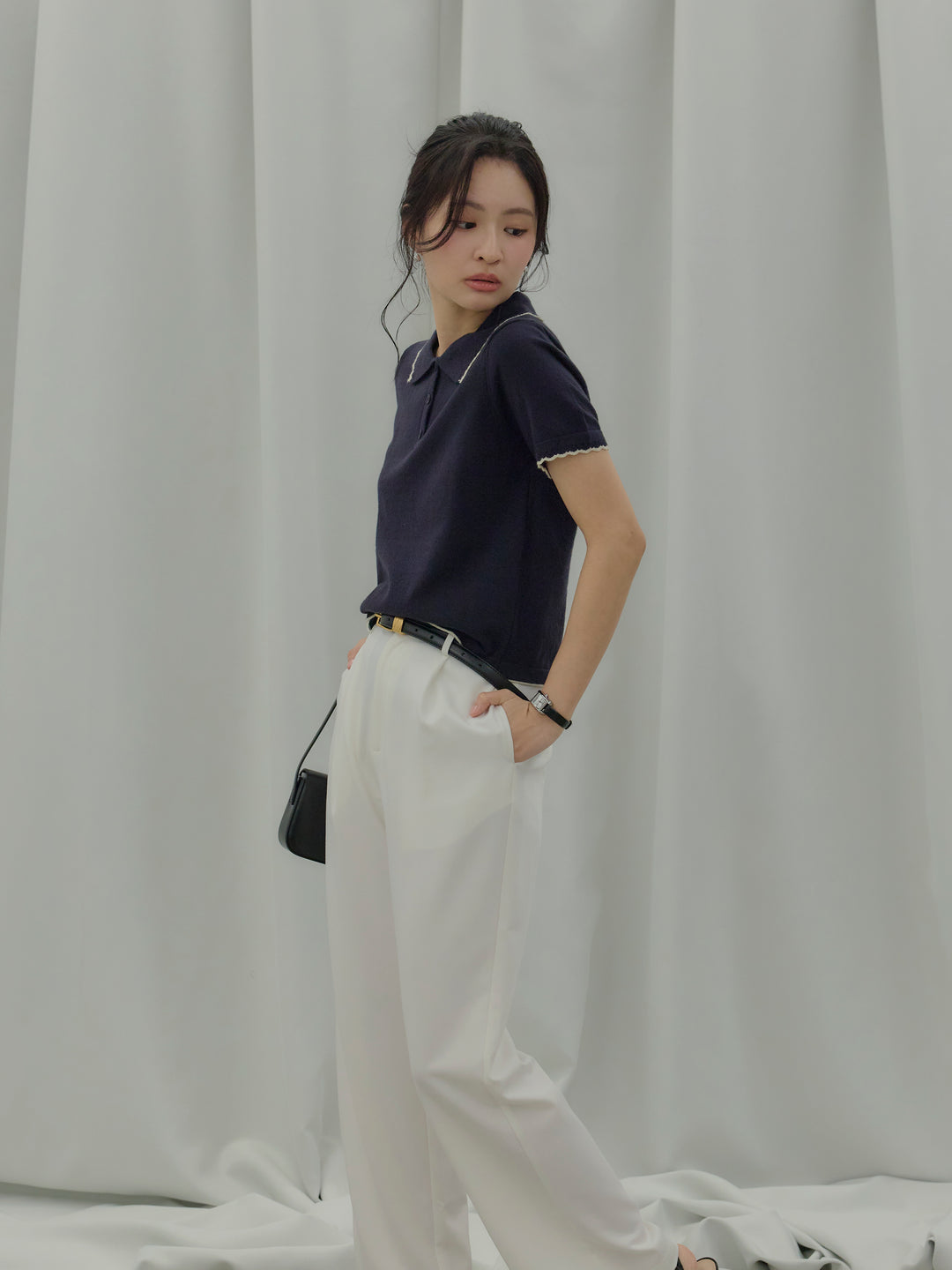 【SET】配色ポロハーフニットトップス+【Essential】Authentic straight pants(2set)