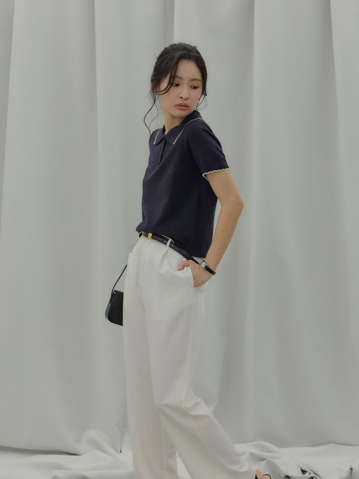 【SET】配色ポロハーフニットトップス+【Essential】Authentic straight pants(2set)