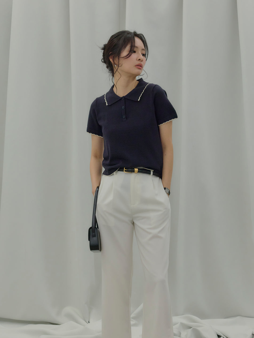 配色ポロハーフニットトップス