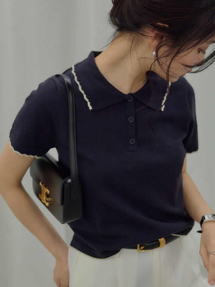 配色ポロハーフニットトップス