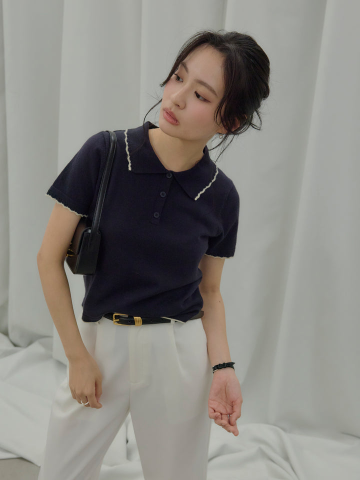 【SET】配色ポロハーフニットトップス+【Essential】Authentic straight pants(2set)