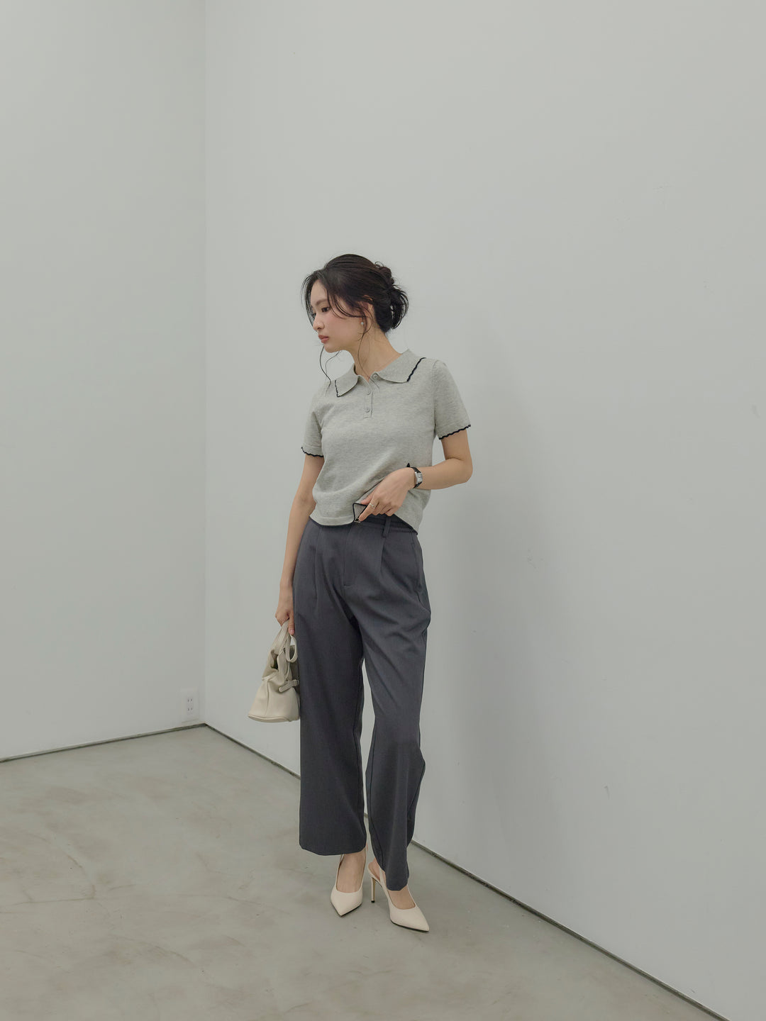 【SET】配色ポロハーフニットトップス+【Essential】Authentic straight pants(2set)