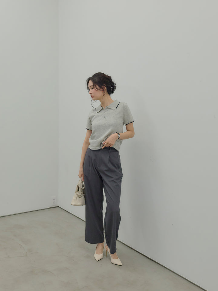 【SET】配色ポロハーフニットトップス+【Essential】Authentic straight pants(2set)