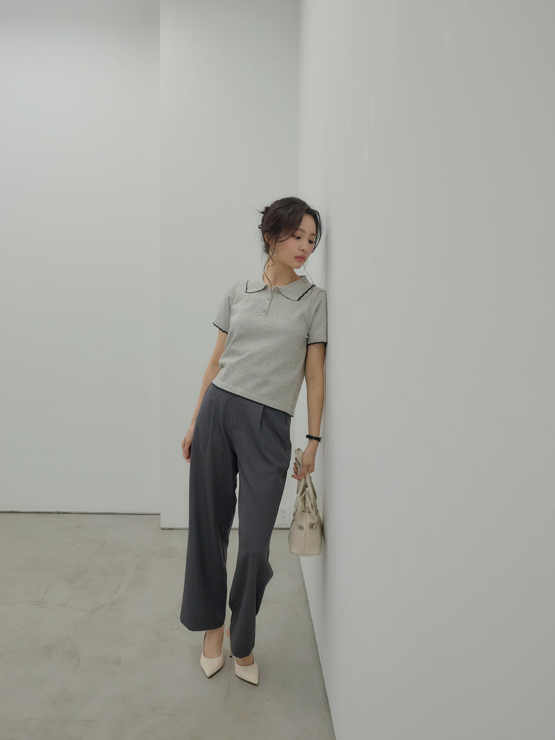 【SET】配色ポロハーフニットトップス+【Essential】Authentic straight pants(2set)