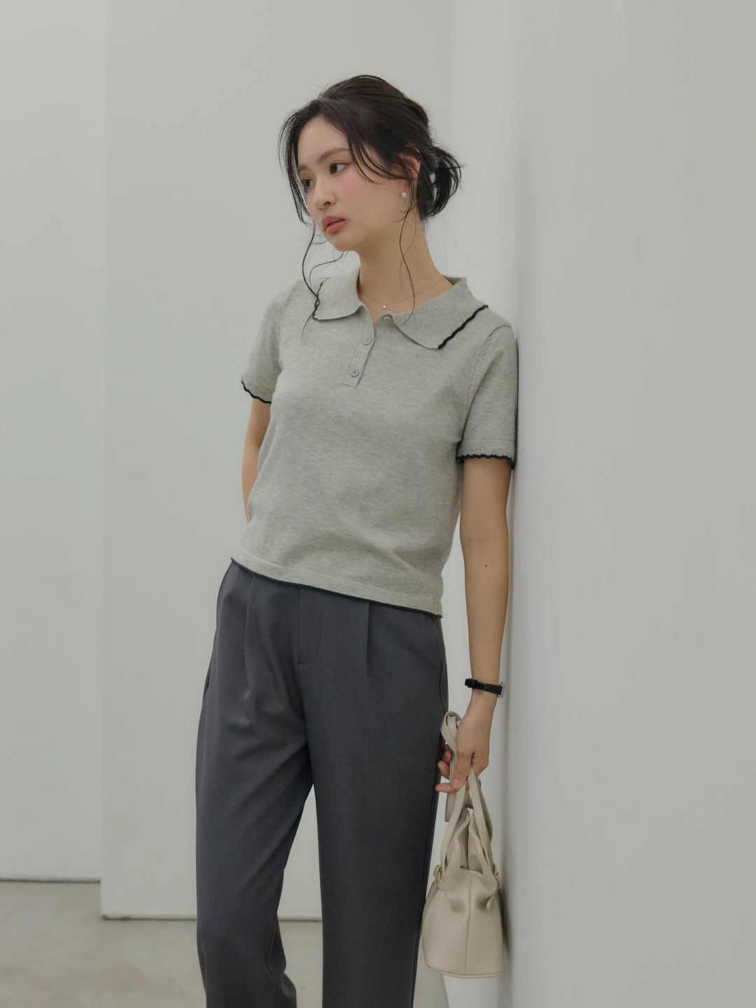 【SET】配色ポロハーフニットトップス+【Essential】Authentic straight pants(2set)