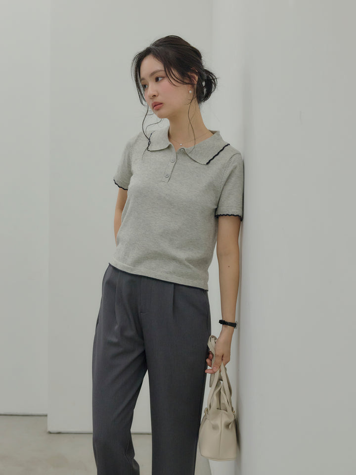 【SET】配色ポロハーフニットトップス+【Essential】Authentic straight pants(2set)