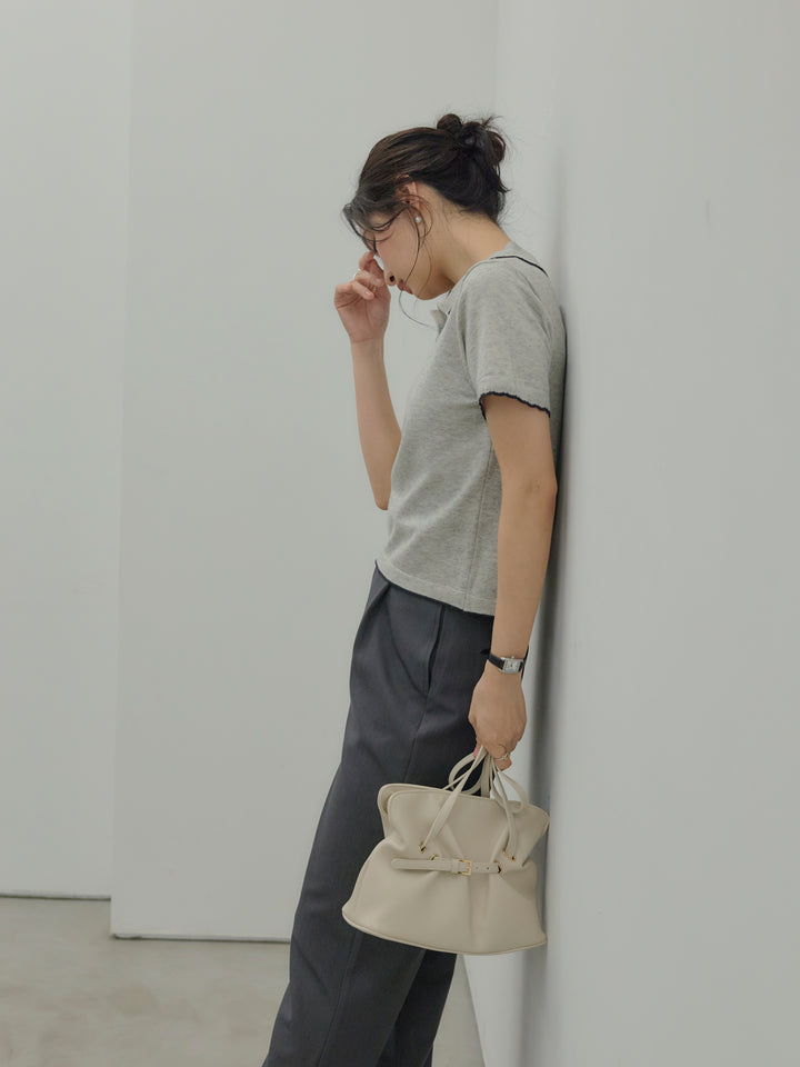 【SET】配色ポロハーフニットトップス+【Essential】Authentic straight pants(2set)