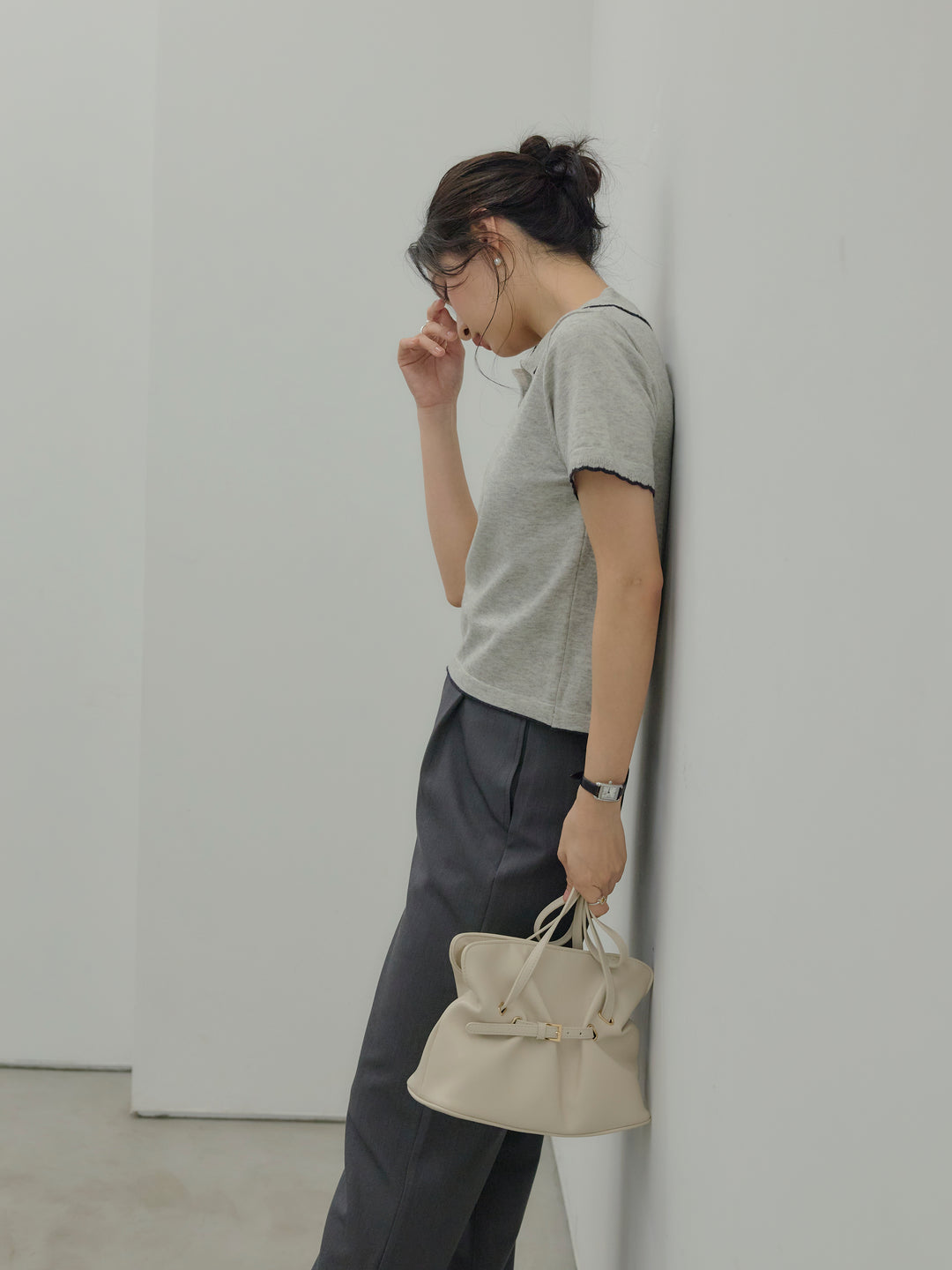 配色ポロハーフニットトップス