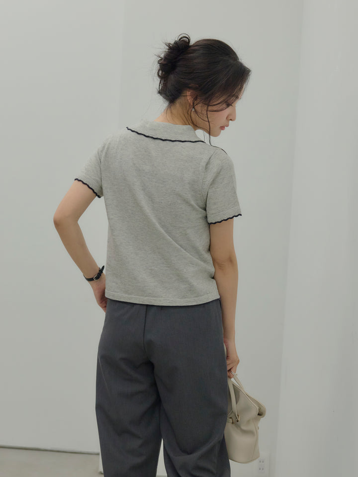 【SET】配色ポロハーフニットトップス+【Essential】Authentic straight pants(2set)