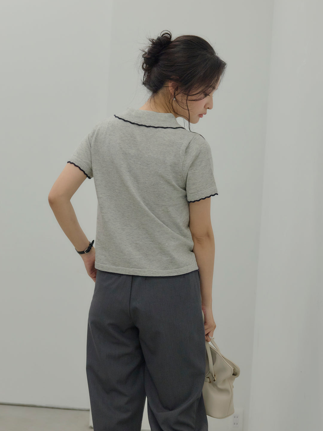 配色ポロハーフニットトップス