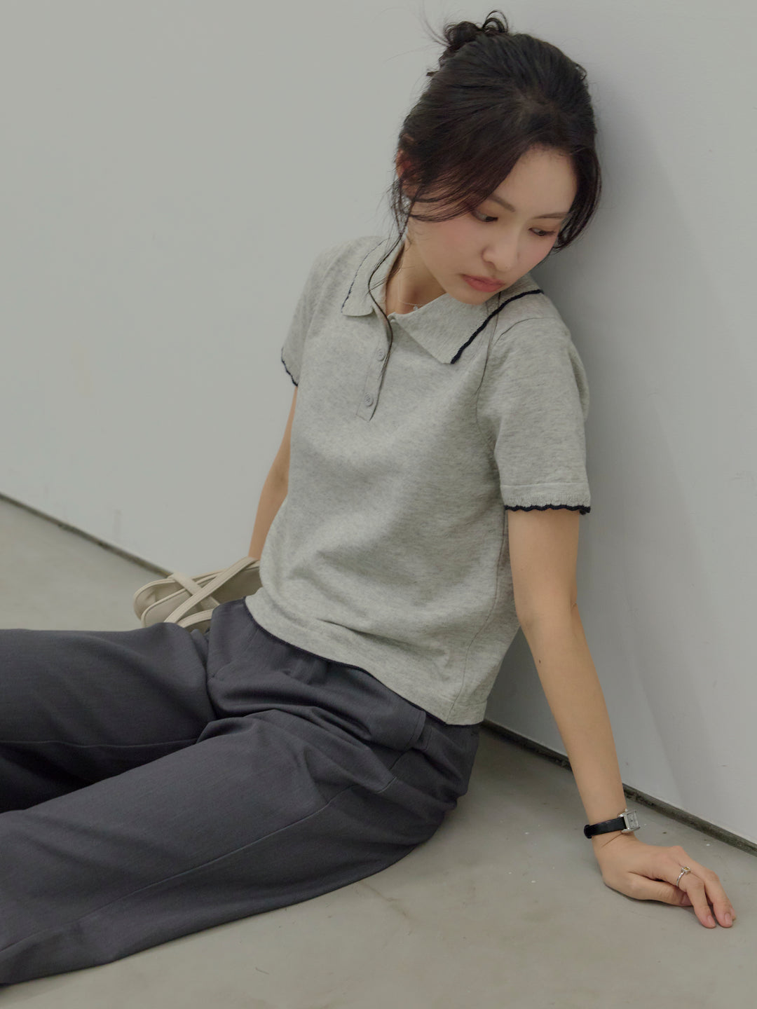 配色ポロハーフニットトップス