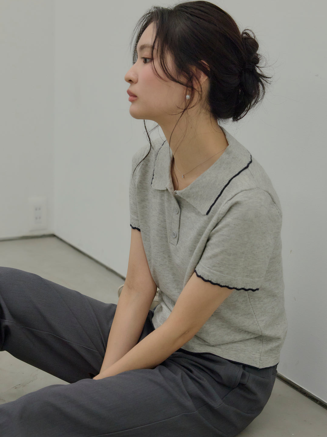 【SET】配色ポロハーフニットトップス+【Essential】Authentic straight pants(2set)