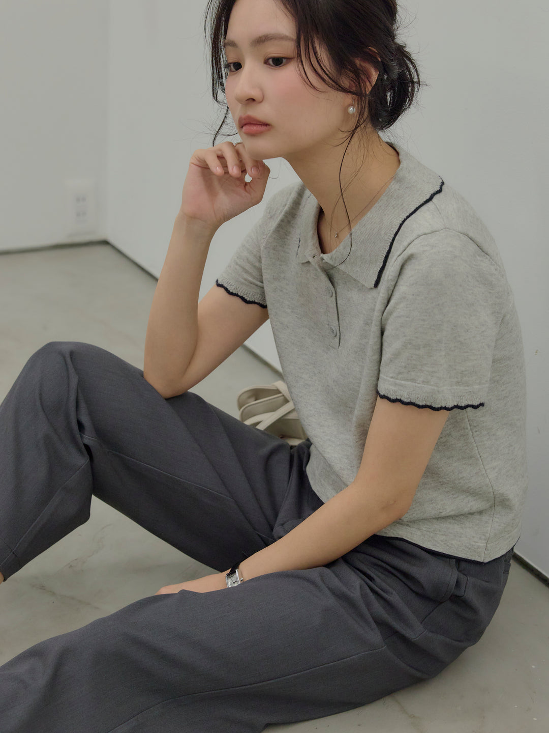 【SET】配色ポロハーフニットトップス+【Essential】Authentic straight pants(2set)