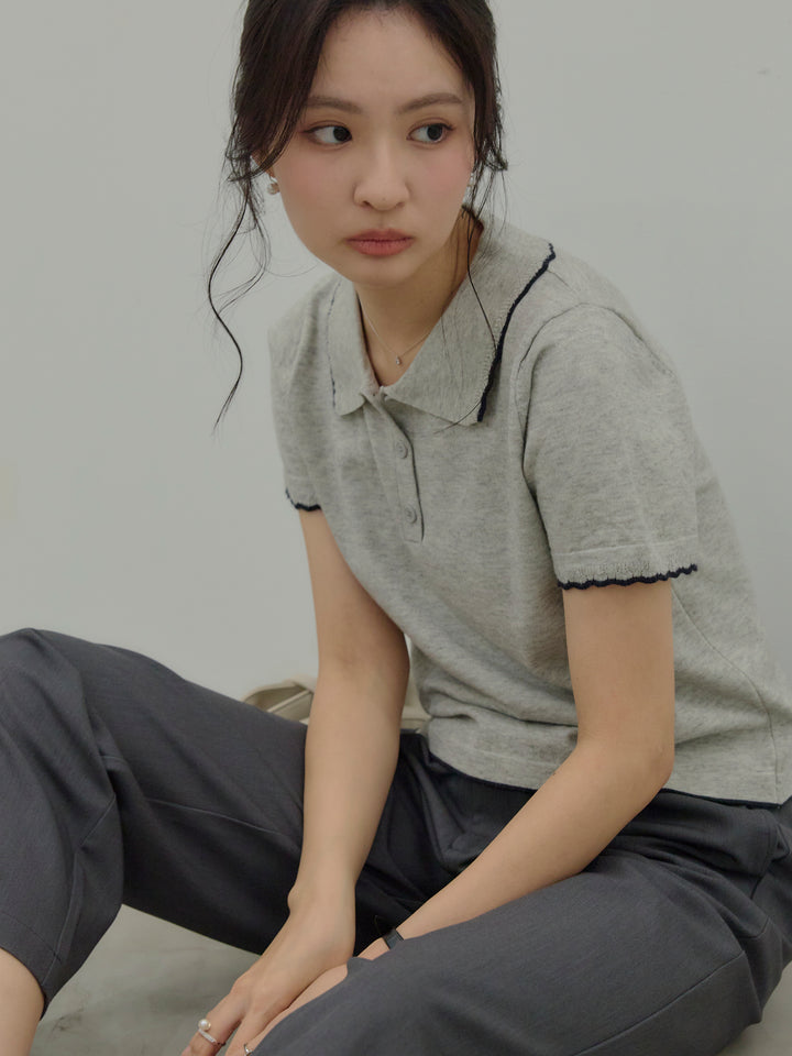 配色ポロハーフニットトップス