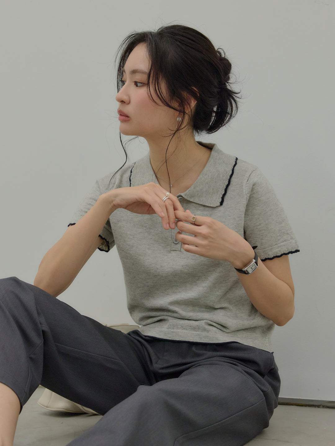 【SET】配色ポロハーフニットトップス+【Essential】Authentic straight pants(2set)