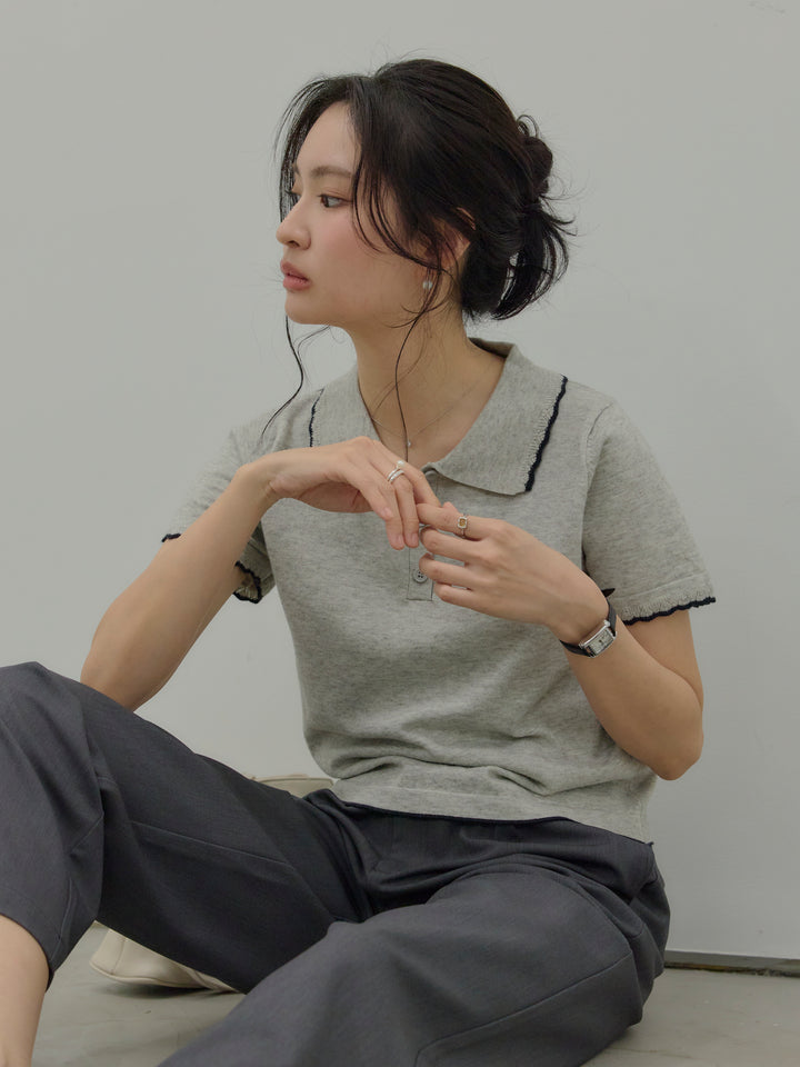 配色ポロハーフニットトップス