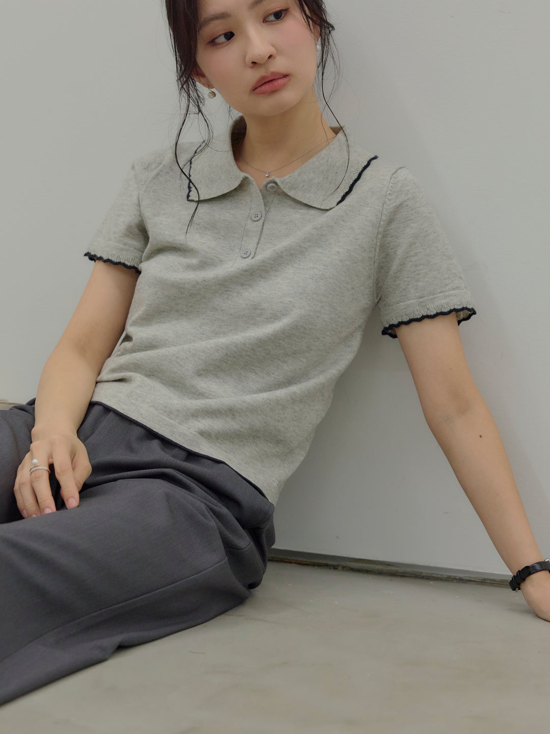 【SET】配色ポロハーフニットトップス+【Essential】Authentic straight pants(2set)