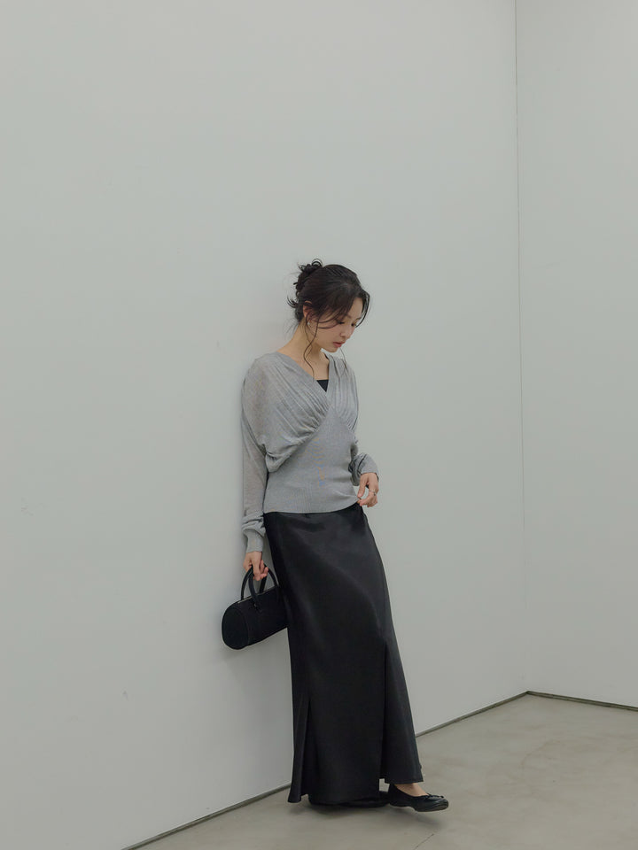 【SET】シェイプラインVネックシアーニットトップス+【Essential】Wrap design satin mermaid skirt(2set)