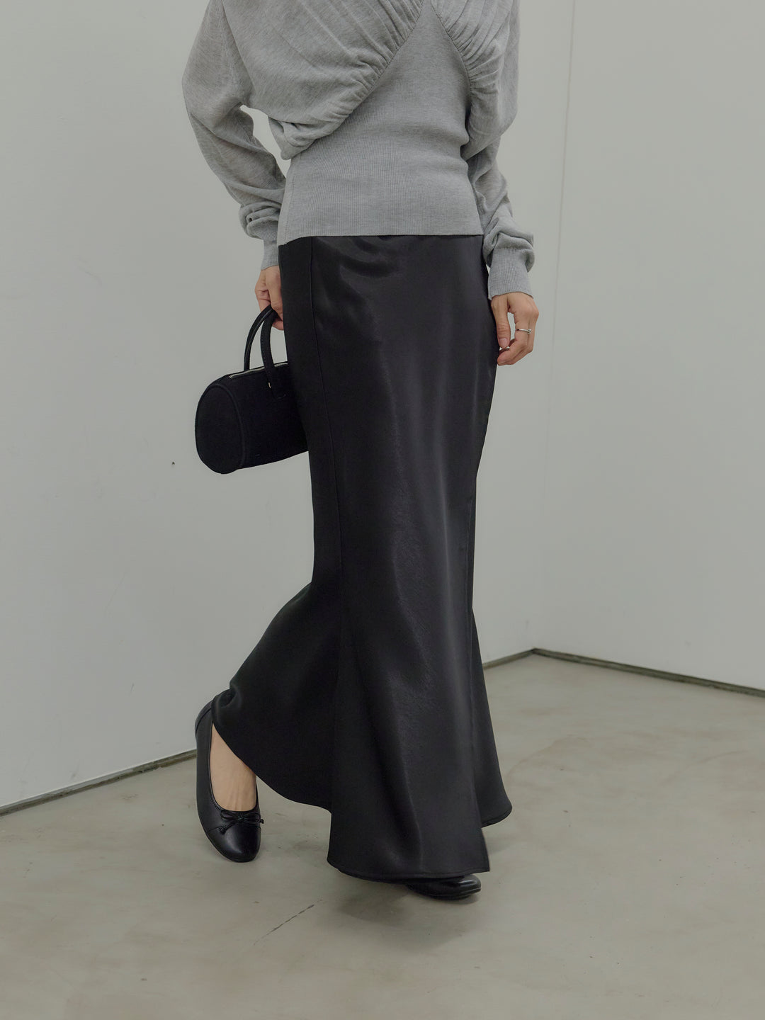 【SET】【Essential】Back open satin camisole dress+【Essential】Wrap design satin mermaid skirt(2set)