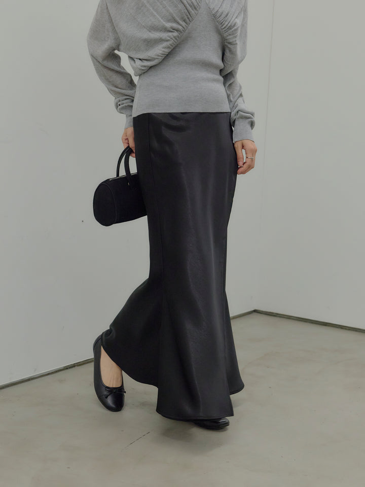 【SET】【Essential】Back open satin camisole dress+【Essential】Wrap design satin mermaid skirt(2set)