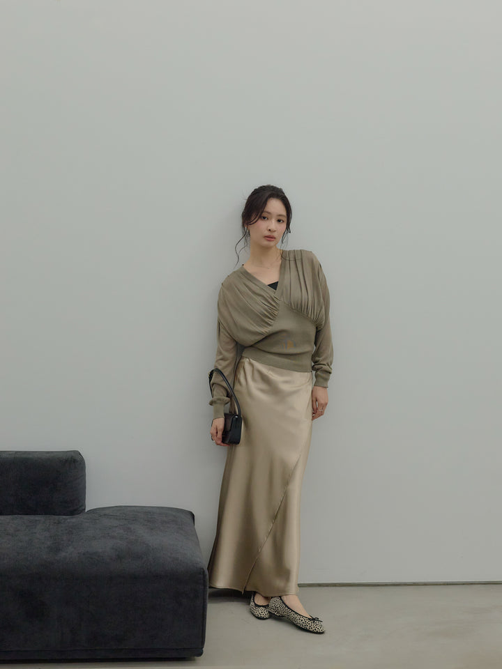 【SET】シェイプラインVネックシアーニットトップス+【Essential】Wrap design satin mermaid skirt(2set)
