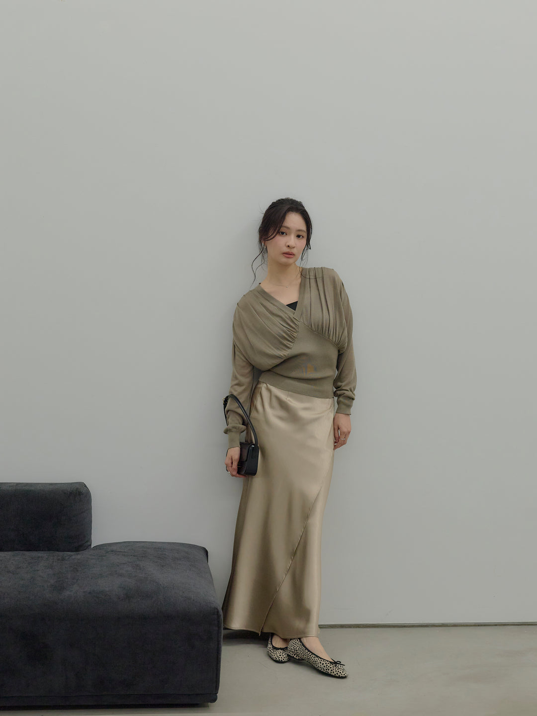 【SET】【Essential】Back open satin camisole dress+【Essential】Wrap design satin mermaid skirt(2set)