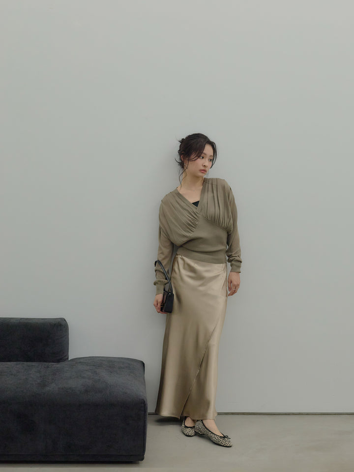 【SET】シェイプラインVネックシアーニットトップス+【Essential】Wrap design satin mermaid skirt(2set)