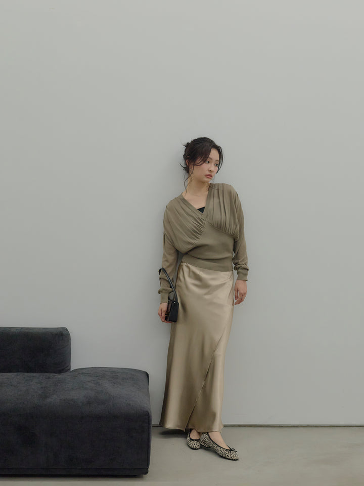 【SET】【Essential】Back open satin camisole dress+【Essential】Wrap design satin mermaid skirt(2set)