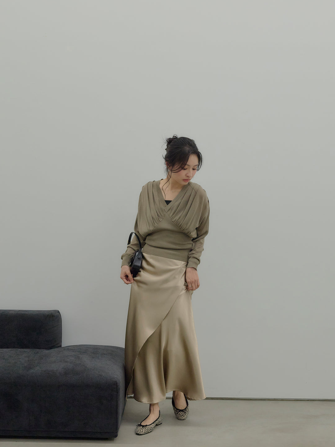 【SET】【Essential】Back open satin camisole dress+【Essential】Wrap design satin mermaid skirt(2set)