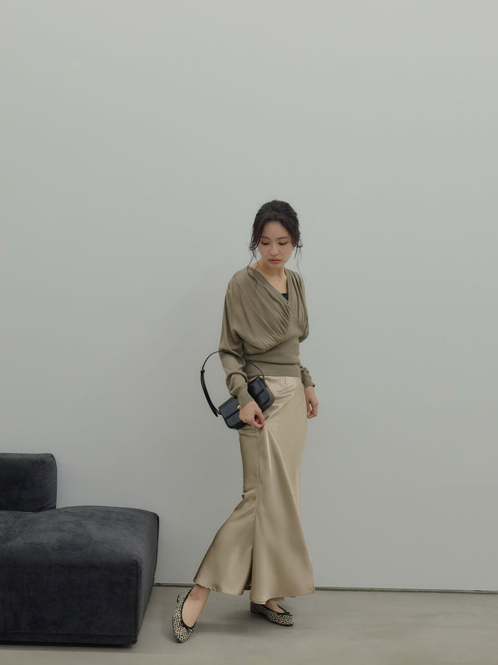 【SET】シェイプラインVネックシアーニットトップス+【Essential】Wrap design satin mermaid skirt(2set)