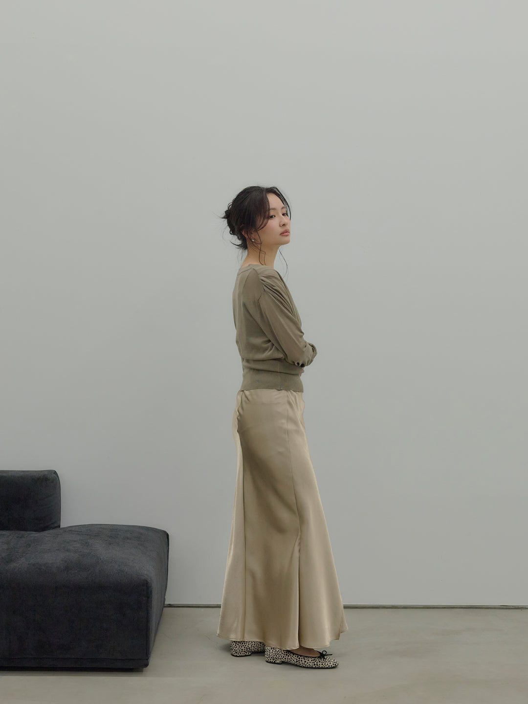 【SET】【Essential】Back open satin camisole dress+【Essential】Wrap design satin mermaid skirt(2set)