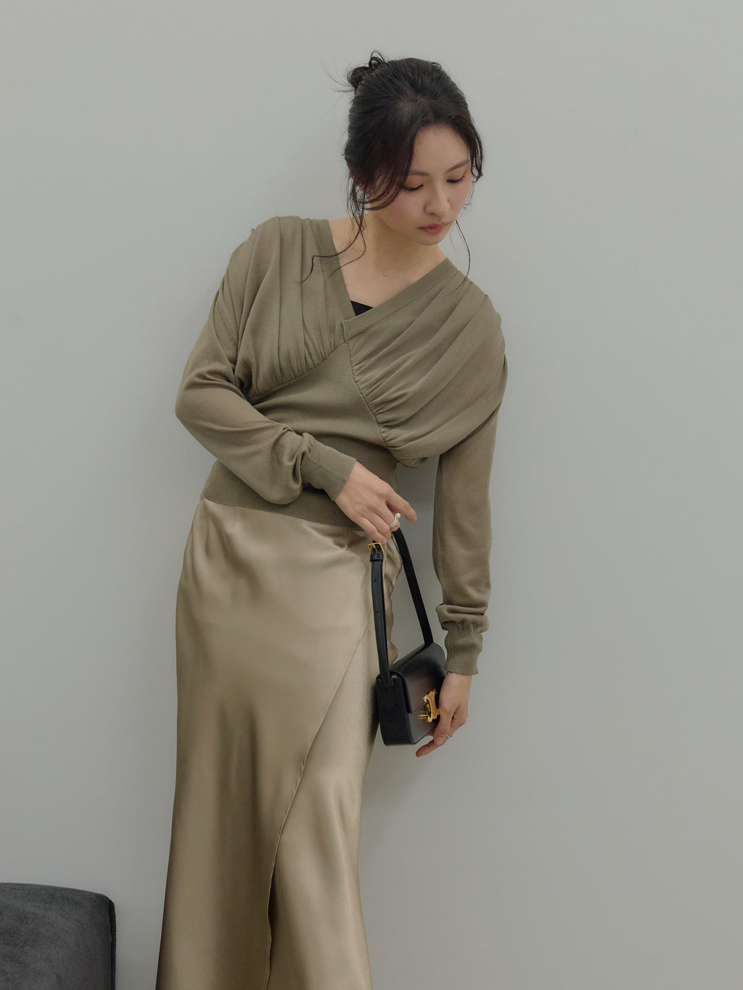 【SET】【Essential】Back open satin camisole dress+【Essential】Wrap design satin mermaid skirt(2set)