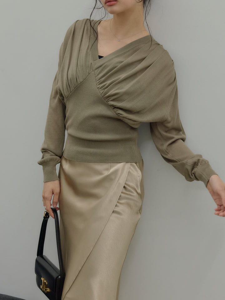 【SET】【Essential】Back open satin camisole dress+【Essential】Wrap design satin mermaid skirt(2set)