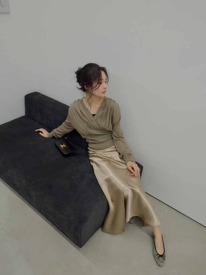 【SET】【Essential】Back open satin camisole dress+【Essential】Wrap design satin mermaid skirt(2set)