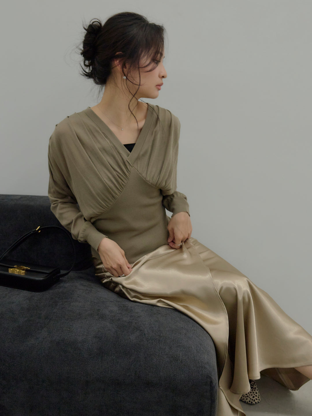 【SET】【Essential】Back open satin camisole dress+【Essential】Wrap design satin mermaid skirt(2set)