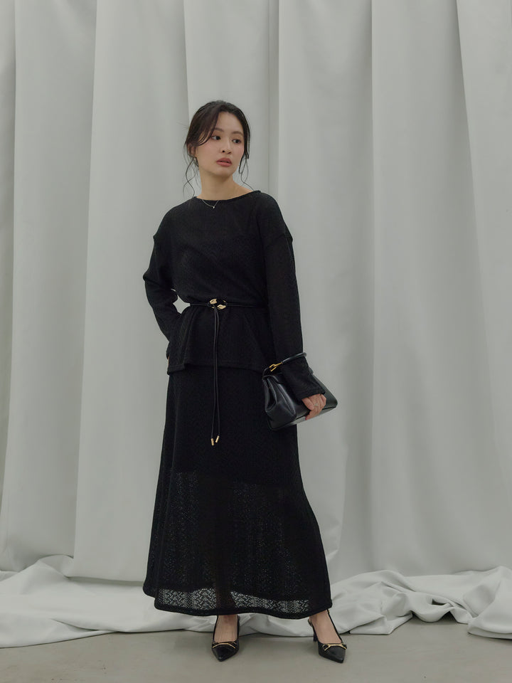 透かし編みプルオーバー&AラインスカートSET UP(ベルト付き)